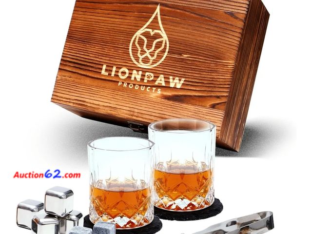 Lot 44-6828p - Whiskey Glasses Set of 2 (7 oz) with 2 Slate Coasters &amp; 8 Whiskey Stones, Tongs &amp; Premium Gift Box Appears New, A basic inspection h...