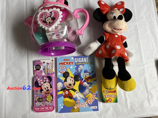 Lot 44-2109w - New. Disney Junior Minnie terrific teapot set. Has 16 pieces. Disney junior Mickey Gigantic coloring &amp; activity book.  Crayola crayons 2...