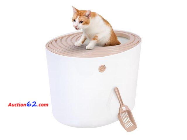 Lot 44-254b - IRIS USA Cat Litter Box, Large Top Entry with Litter Catching Lid and Scoop, Dog Proof, Cat Box Enclosure, Beige/White - 2. Ecommerce Return...