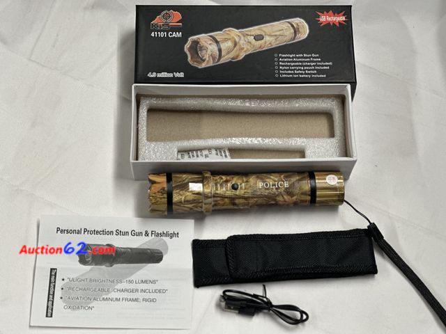 Lot 44-6041g - KS 41101 Cam camo stun gun and flashlight. 4.9 million volt aviation aluminum frame rechargeable. New. See All Photo's Not Tested Never open...