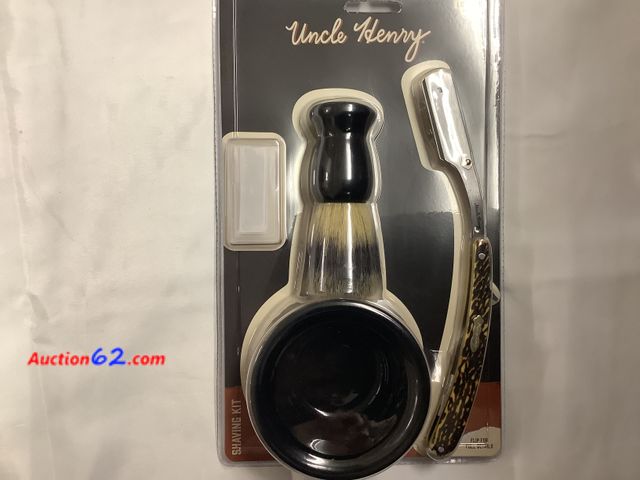 Lot 44-6149w - UNCLE HENRY Shaving Kit, features Staglon Handle, Straight Razor, Shaving Mug, shaving Brush, and 5 Replacement Blades, New. See All Photo's...
