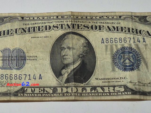 Lot 44-8320j - 1934 A SERIES $10 SILVER CERTIFICATE. CIRCULATED. FROM BACK IN THE GOOD OLD DAYS WHEN THEY SAID "PAYABLE IN SILVER TO THE BEARER ON DEMAND."...