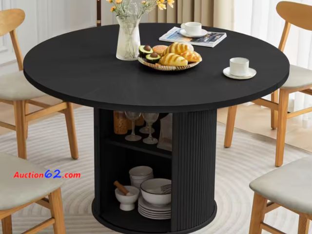 Lot 44-12b - Retail value $208- Black Wood 47 in. Round Pedestal Dining Table With Storage For 4 1. Appears New, A basic inspection has been given to thi...