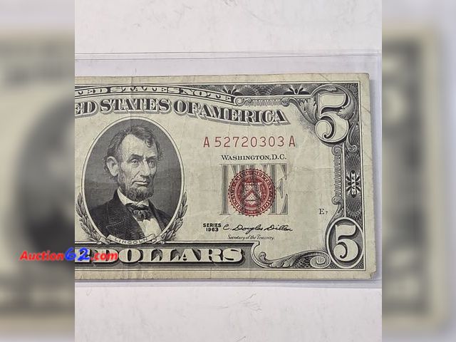 Lot 44-8344p - 1963 SERIES $5 RED SEAL LEGAL TENDER NOTE. CIRCULATED. FROM THE GOOD OLD DAYS WHEN MONEY SAID "LEGAL TENDER FOR ALL DEBTS, PUBLIC AND PRIVAT...