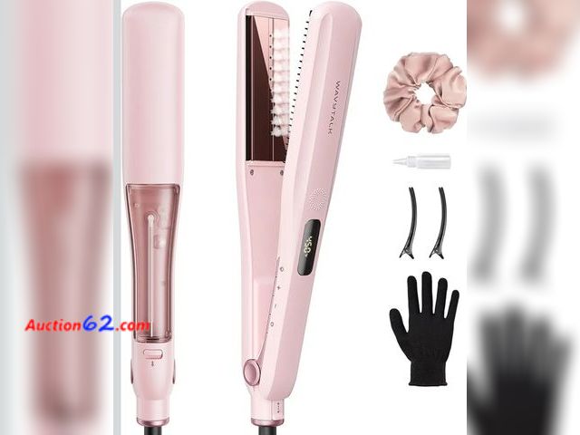 Lot 44-7300w - Wavytalk steam hair straightener steam sesh, 1.38" nano titanium flat iron with detachable comb for silk press smoothing, Sakura pink  E-Com...