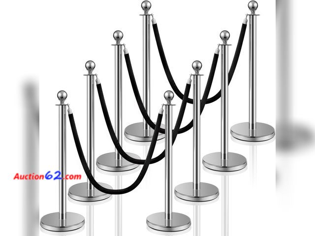 Lot 44-1794w - $149.99 Retail price - Ferraycle 8 Pcs Crowd Control Stanchions and Velvet Ropes 5 ft Poles Silver Crowd Control Barriers Black Ropes Stainl...