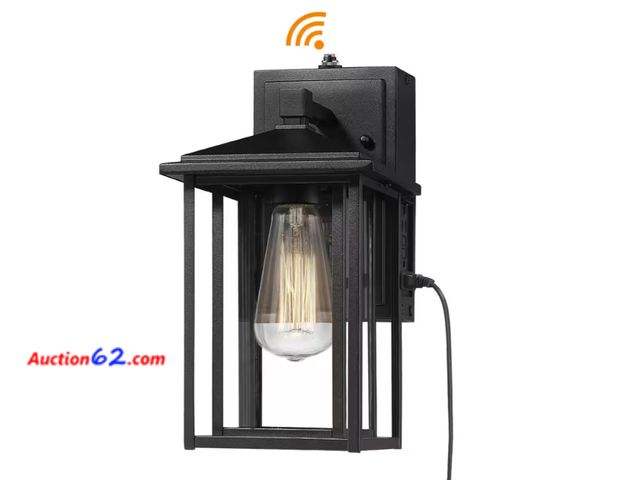 Lot 44-751b - Retail value $74- Black Dusk to Dawn Built-in GFCI Outlet Hardwired Outdoor Wall Lantern Scone with No Bulbs Included 1. Appears New, A basi...