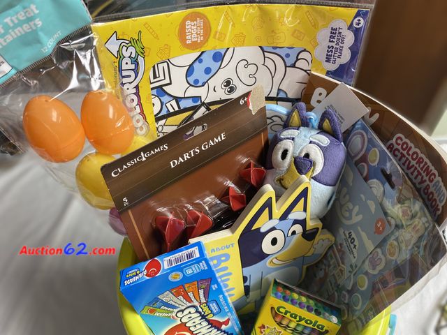 Lot 44-2123j - New. Bluey and Bingo Easter bucket. Dart game. All about Bluey book. Bluey sticker playset. Bluey coloring and activity book. Crayola 24 box...