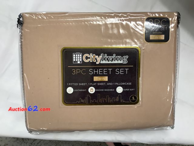 Lot 44-6028o - City living 3pc sheet set “Twin” 1 fitted sheet, 1 Flat sheet, 1 pillowcase See All Photo's Not Tested Never opened, Factory Sealed