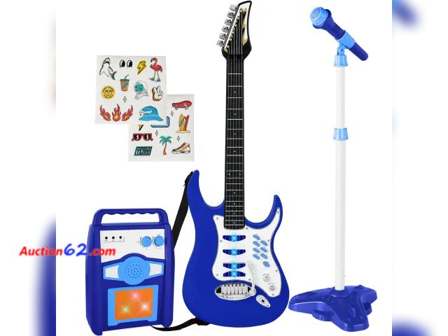 Lot 44-3085b - Blue - Kids Electric Guitar Toy Play Set w/ 6 Songs, Microphone, Amp - BCP Products SKY3018 - Ecommerce Return - See Pictures  2. E-Commerce...