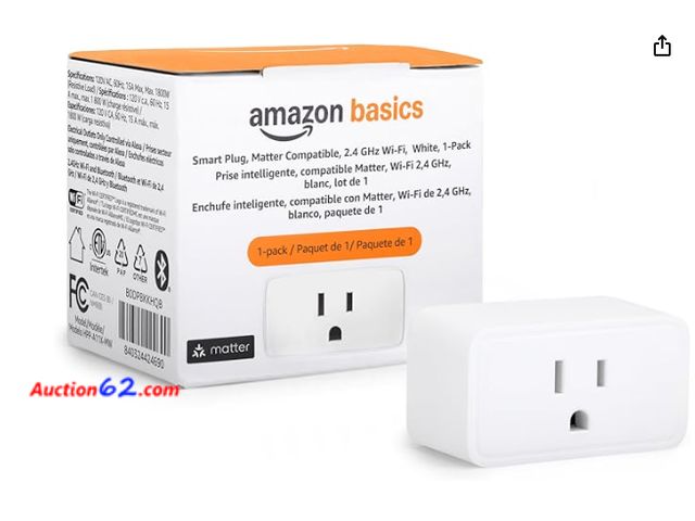 Lot 44-1777i - Amazon Basics Smart Plug, Matter Compatible, Compatible with Amazon Alexa, Google Home, Apple HomeKit, Matter Hub Required, 2.4 GHz Wi-Fi on...