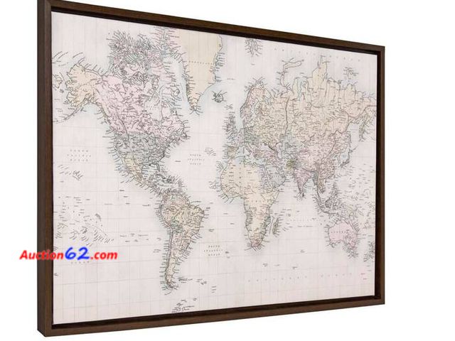 Lot 44-1546t - Sylvie Vin World Map Canvas Print, Framed Wall Art Appears New, A basic inspection has been given to this item. Sold AS-IS. Not Tested See A...