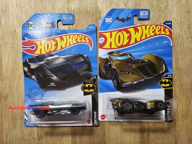 Lot 44-8313j - TWO (2) BATMOBILE HOT WHEELS CARS-AWESOME SLEEK BLACK AND BLUE "THE BATMAN BATMOBILE" AND "BATMAN : ARKHAM ASYLUM BATMOBILE."-T Never opened...