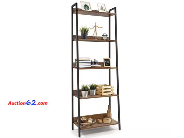 Lot 44-709b - Retail value $92- 67 in. Rustic Oak Bookcase Shelf Organizer, 24 in. W 5 Tier Ladder Bookshelf for Home Office, Living Room and Kitchen 1. A...