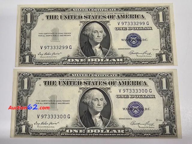 Lot 44-8337f - TWO CONSECUTIVE CRISP UNCIRCULATED $1 SILVER CERTIFICATES. THESE NOTES ROLL OVER AND THE SECOND ONE HAS 4 REPEATING 3's.-NT