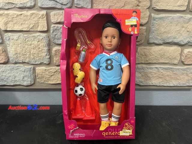Lot 44-1371m - Our Generation Mateo Posable 18" Boy Doll in Soccer Uniform with Accessories E-Commerce Return, A basic inspection has been given to this it...