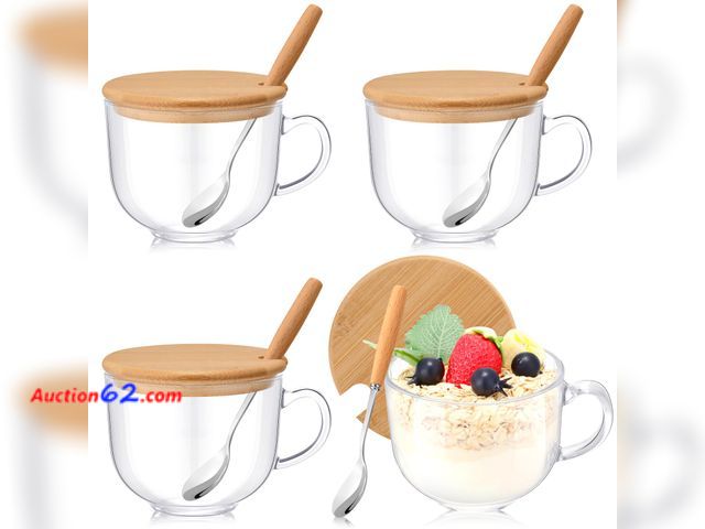 Lot 44-1135j - Sliner 4 Sets 16 oz Large Glass Coffee Mugs Gifts with Bamboo Lids Spoons Handle Vintage Clear Glass Tea Cups Jumbo Cute Coffee Bar Accessor...