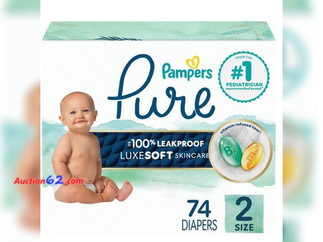 Lot 44-865 - Pampers Pure Baby Diapers, Size 2 (12-18 lbs), 74, Up to 100% Leakproof, Premium Hypoallergenic Soft Diapers See All Photo's Not Tested Appe...