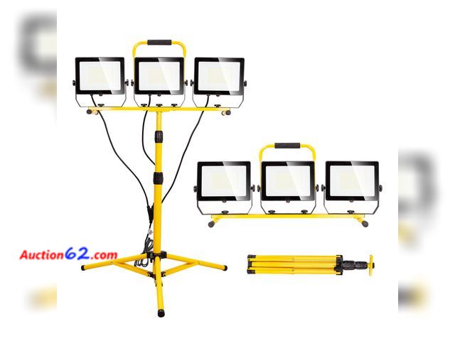 Lot 44-133 - 30000 Lumen Work Lights with Stand, 300W Three Head LED Work Light, Waterproof Lamp with Individual Switch, Adjustable Metal Telescoping Tri...