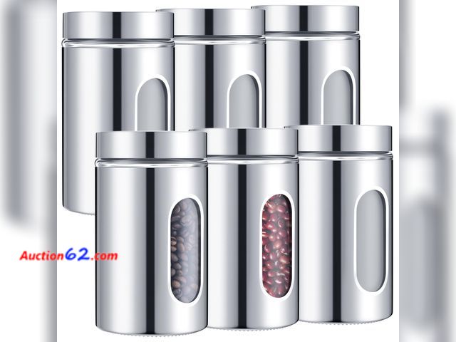 Lot 44-1997j - Mimorou 6 Pack Kitchen Canisters Set Airtight Coffee Sugar Tea Candy Storage Jars with Window Glass Stainless Steel Containers with Lids for...