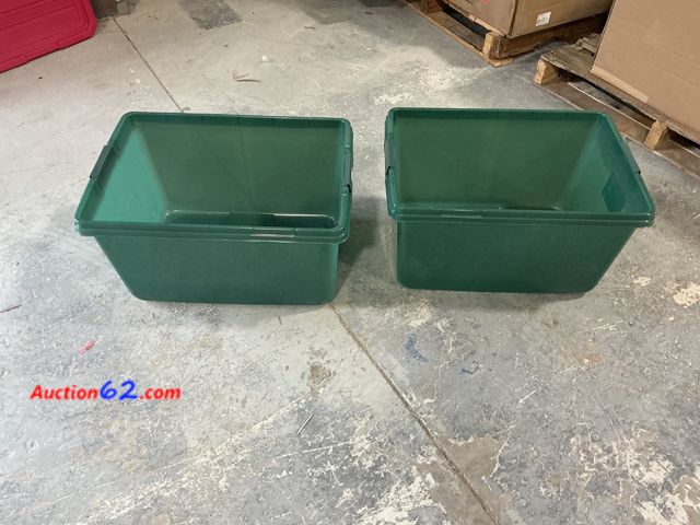 Lot 44-1214j - Two Green Plastic Storage Bins E-Commerce Return, A basic inspection has been given to this item. Sold AS-IS.