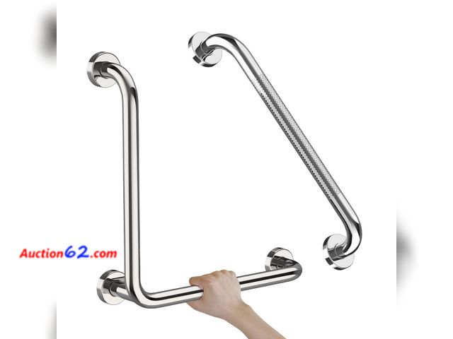 Lot 44-1646o - Polished Chrome L-Shaped Grab Bar 16x16 Inch + Knurled Shower Grab Rail 20 Inch, Zepolu Stainless Steel Angled Toilet Safety Bar, Bathroom M...