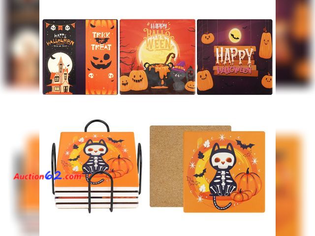 Lot 44-9253 - Lot of (2) Sets of (4) of Halloween Coasters Absorbent Ceramic Coaster for Drinks with Black Holder and Cork Base Set of (4) each, Square De...