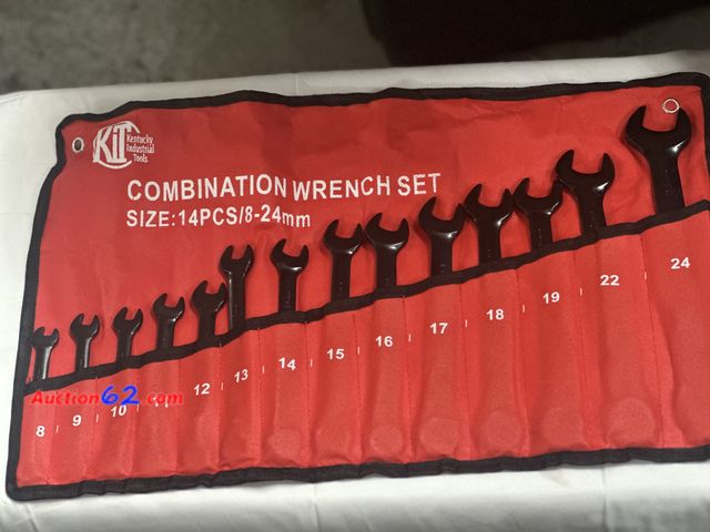 Lot 44-6147j - Kit brand 14 pc box wrench set. Black in color. Chrome vanadium. 8mm-24mm, comes in wall mounted pouch. New. See All Photo's Not Tested Neve...