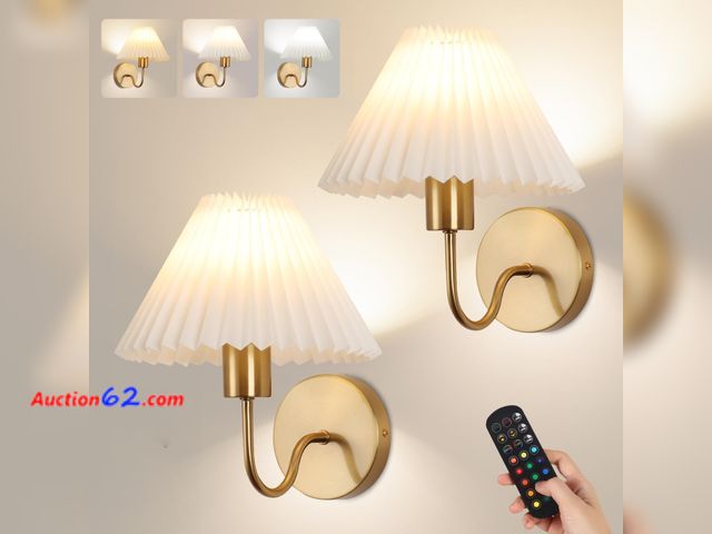 Lot 44-1669e - Wireless Wall Sconce Sets of 2, Pleated Shades Rechargeable Battery Operated Wall Sconce, Retro gooseneck Gold Wall Lights Bathroom Vanity S...