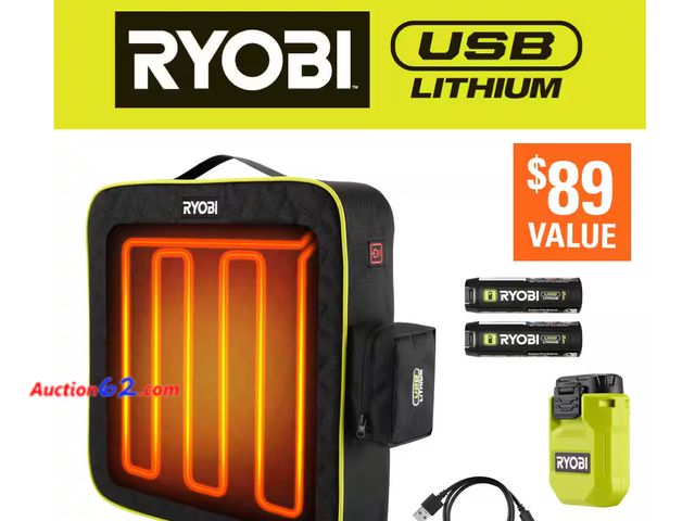 Lot 44-4068b - Retail of $49.99- RYOBI USB Lithium Cordless Heated Cushion Kit with (2) 2.0 Ah Batteries and Charging Cable Appears New