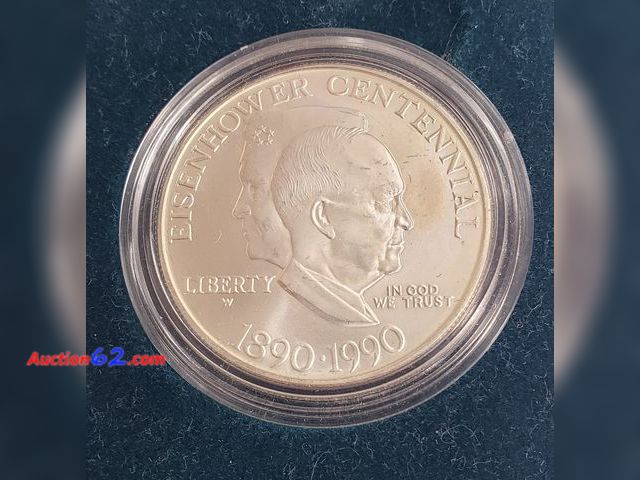 Lot 44-8314f - 1990-W EISENHOWER CENTENNIAL 90% SILVER DOLLAR COMMEMORATIVE COIN. MINTED BY THE WEST POINT MINT. OBVERSE FEATURES IKE AS PRESIDENT AND GENE...