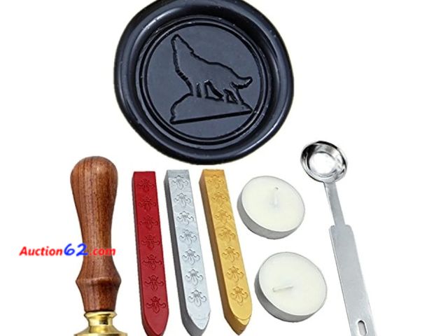 Lot 44-6574g - FQL Wolf Vintage Rosewood Wax Seal Stamp Set with Gold Red Silver Sticks Appears New