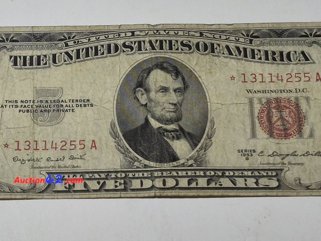 Lot 44-8323j - $5 RED SEAL STAR NOTE LEGAL TENDER. 1953 A SERIES. CIRCULATED. A STAR NOTE IS A REPLACEMENT NOTE FOR WHERE AN ERROR OCCURRED IN THE PRINTING...