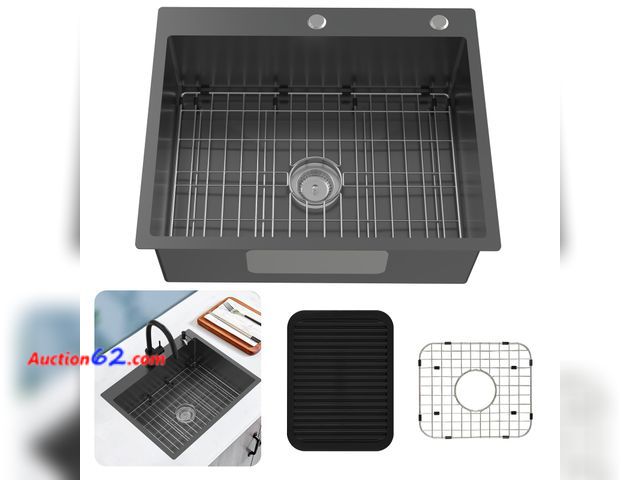 Lot 44-1513o - $146.9 Retail price - Black Kitchen Sink, Stainless Steel 27 x 22 Inch Drop In Sink Single Bowl Top Mount Sink Set - Sink Grid, Silicone Mat...