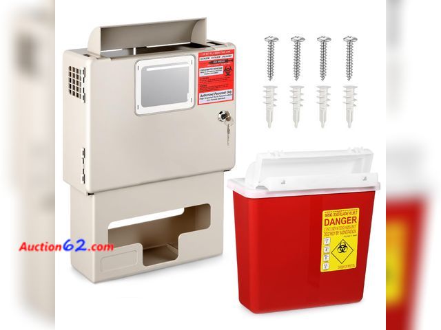 Lot 44-4020f - LemonRoad Wall Mount Locking Cabinet with Sharps Container and Glove Box for 5 Qt Sharps Container, Wall Enclosure, Needles Syringe Disposal...