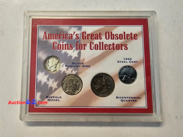 Lot 44-8324q - 90% SILVER MERCURY DIME, BUFFALO NICKEL, BICENTENNIAL QUARTER AND WORLD WAR II STEEL CENT FROM THE AMERICA'S GREAT OBSOLETE COINS FOR COLLEC...