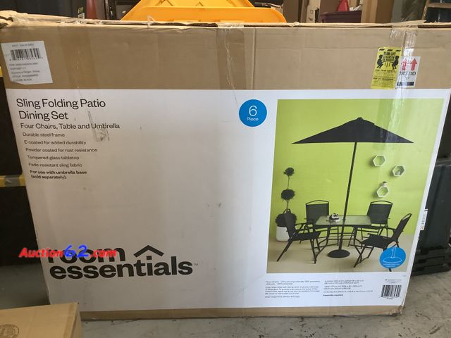 Lot 44-6062e - Room essentials Sling Folding Patio Dining Set, Four Chairs, Table, Umbrella.
Durable Steel Frame,
Tempered Glass Tabletop,
Fade-Resistant S...
