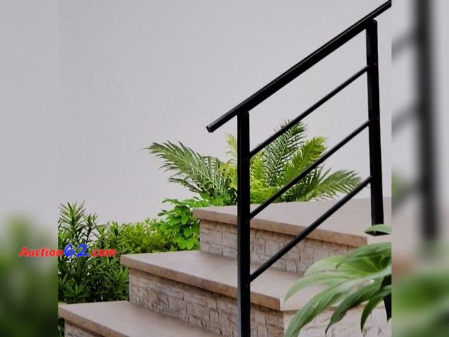 Lot 44-7499a - 3 step handrails for outdoor steps, wrought iron stair railing fits 1 to 3 steps, metal hand rail with installation kit, black  Appears New,...