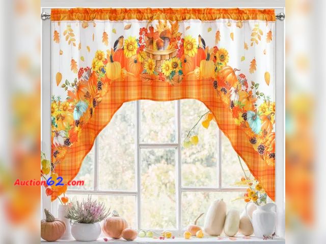 Lot 44-9078p - Alishomtll Fall Valance Kitchen Curtain Swag Pumpkin 60”  Appears New, A basic inspection has been given to this item. Sold AS-IS.
