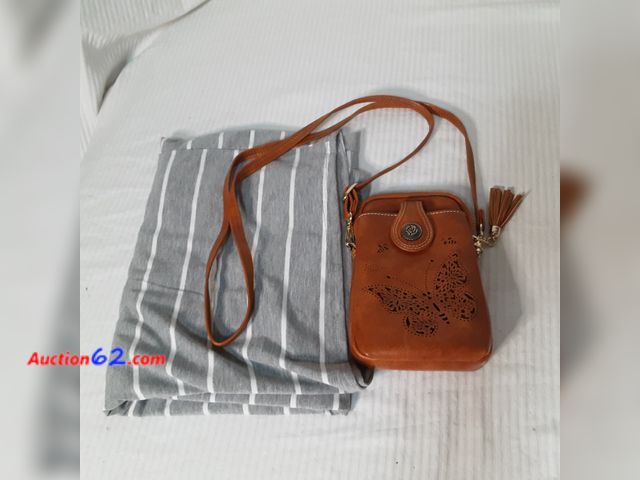 Lot 44-5307g - Lot of (2) Ladies items. Grey and white striped tank dress. Size: XXL. APHISON Small Crossbody Purse, Lightweight with Tassel and Shining Bu...