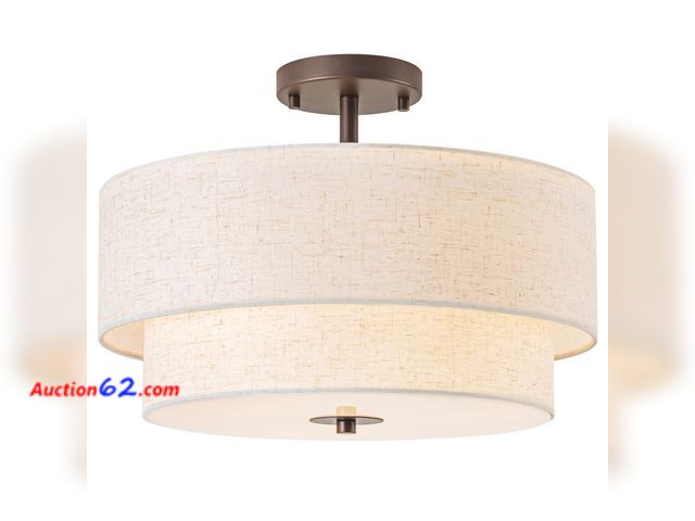 Lot 44-1161o - $76.99 Retail price - Bargeni 16" Semi Flush Mount Ceiling Light, 3-Light Drum Ceiling Light Fixture, Oil Rubbed Bronze with Double Linen Fa...