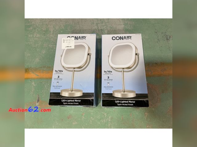 Lot 44-824f - Conair LED-Lighted Mirror, Satin Nickel Finish, 1x/10x Dual-Sided, 3 LED Light Settings E-Commerce Return, A basic inspection has been given...