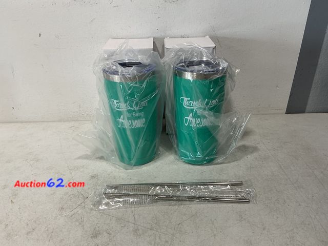 Lot 44-819 - Set of 2 Teal "Thank You for Being Awesome" Tumblers with Straws Not Tested See All Photo's Appears New, A basic inspection has been given t...
