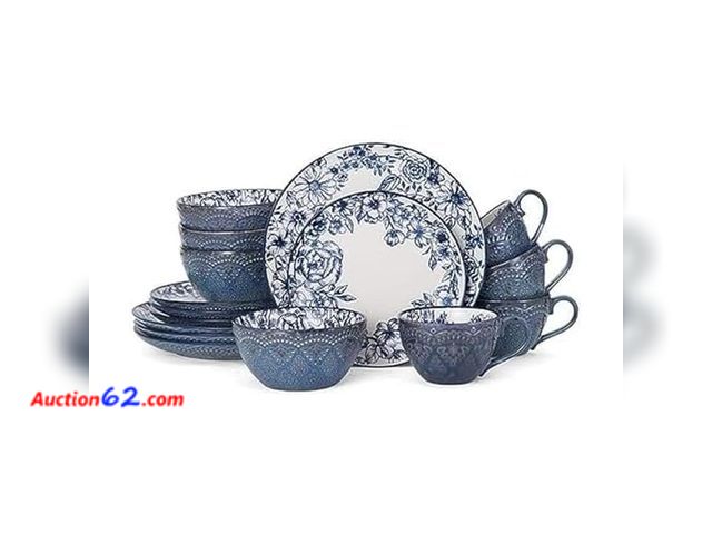 Lot 44-1180o - $96 Retail price - Pfaltzgraff Gabriela Blue 16-Piece Dinnerware Set, Service for 4, Durable Stoneware Plates, Bowls, and Mugs with Elegant ...