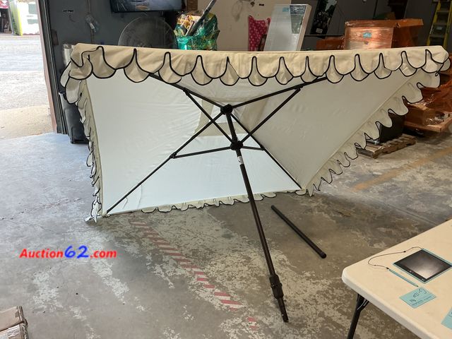 Lot 44-1210g - Retail value $95- Elegant Valance 7.5 ft. Aluminum Market Tilt Patio Umbrella in White/Black E-Commerce Return, A basic inspection has been ...