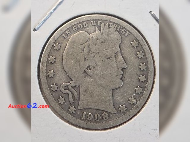 Lot 44-8335v - 1908-D LIBERTY HEAD 90% SILVER BARBER QUARTER. MINTED IN DENVER.-NT