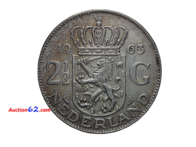 Lot 44-8322m - 1963 NETHERLANDS 2-1/2 GULDEN. HAS .3472 TROY OUNCES OF SILVER. ALSO HAS REALLY NEAT EDGE LETTERING.-T