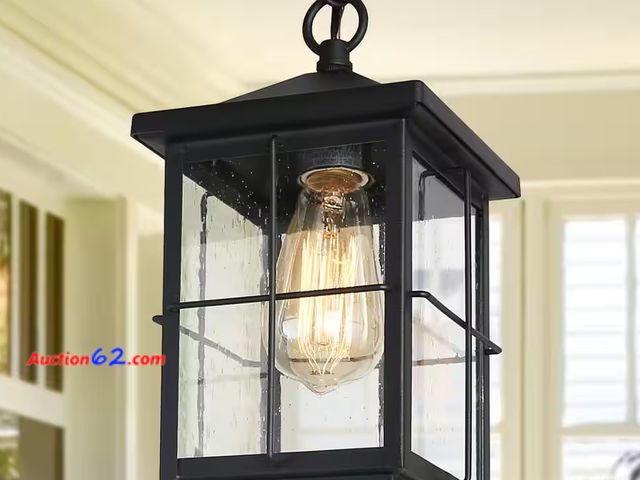 Lot 44-270b - Retail of $75- Modern Farmhouse Black Outdoor Hanging Lantern 1-Light Coastal Pendant with Seeded Glass Shade for Covered Patio Porch 2. E-C...