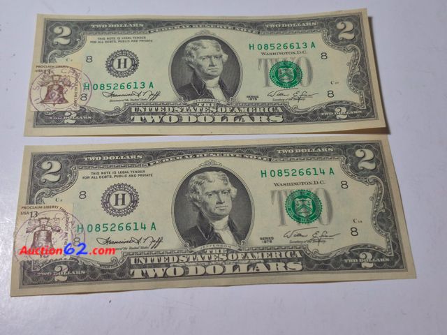Lot 44-8316j - TWO (2) CONSECUTIVE 1976 $2 BILLS POSTMARKED WITH 13 CENT LIBERTY BELL STAMPS.-NT