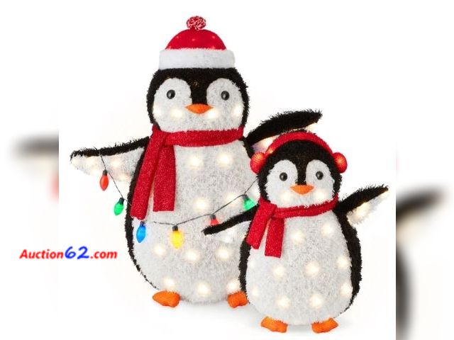 Lot 44-6507t - 2pc Lighted Pop-Up Penguin Family Christmas Decoration w/ 150 Lights - 3ft Appears New, A basic inspection has been given to this item. Sold...